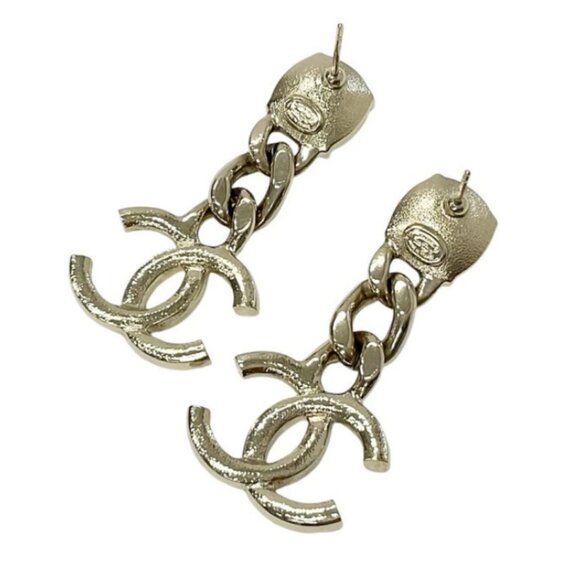 CHANEL CC Logos Rhinestone Dangle Stud Earrings Gold Tone C23C Auth - Picture 3 of 6